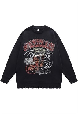 Money print sweater knitted distressed gangster jumper black