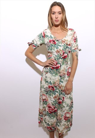 VINTAGE 1980'S 80'S WHITE FLORAL PRINT MAXI SUN DRESS S-M