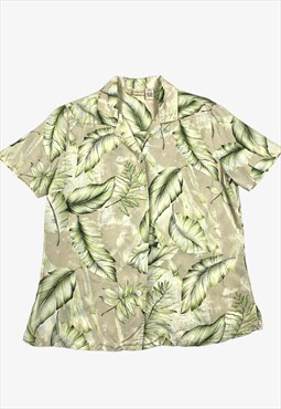Vintage Leaf Patterned Hawaiian Silk Shirt Beige/Green Small