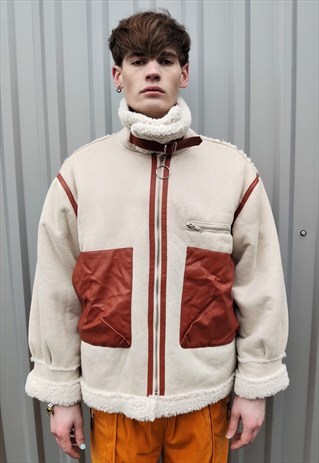ROLL NECK FLEECE BIKER JACKET FAKE FUR Y2K BOMBER IN CREAM