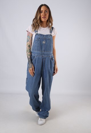 VINTAGE OLD NAVY DENIM DUNGAREES WIDE LEG UK 14 LARGE (C1H)