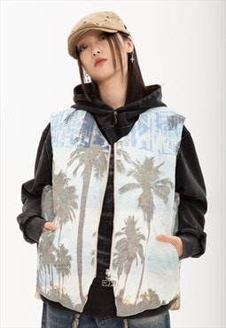 Palm print jacket zip up skater gilet reversible bomber blue