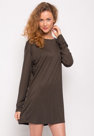 PLAIN COLOR COTTON BLEND LONG T-SHIRT DRESS IN GREEN