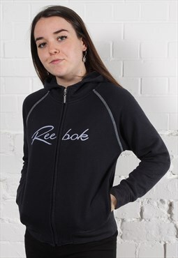 Vintage Reebok Hoodie in Navy with Spell Out Logo Small