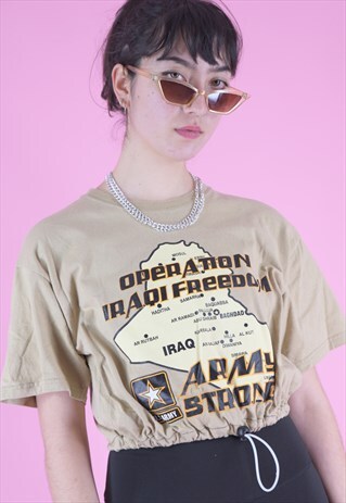 VINTAGE REWORKED CROP TOP IN BEIGE WITH ARM STRONG PRINT