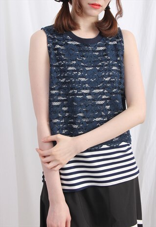 (KOREAN) BRETON STRIPE JERSEY VEST WITH FLORAL LACE LAYER