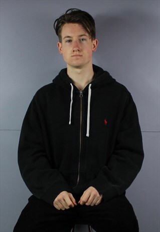 VINTAGE POLO RALPH LAUREN HOODIE IN BLACK WITH POCKETS AND E