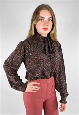 70's  Vintage Long Sleeve Paisley Ruffle Collar Blouse