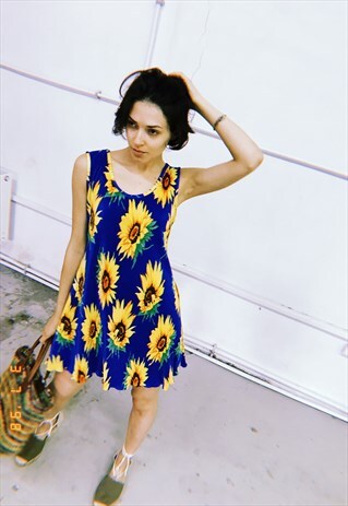 90'S RETRO SUNFLOWER PRINT PARIS CHIC FESTIVAL MINI DRESS