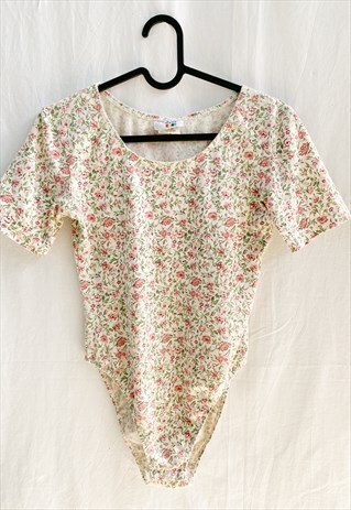 VINTAGE 80S SEXY PETITE FLORAL PRINT PASTEL BOHEME BODYSUIT