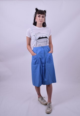 VINTAGE 80'S BLUE YELLOW REVERSIBLE MIDI SKIRT SIZE 14 16