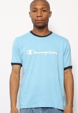 VINTAGE CHAMPION BIG LOGO SPELLOUT T-SHIRT BLUE
