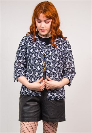 VINTAGE 90'S NAVY BLUE BUTTERFLY & FLORAL LACE BLOUSE