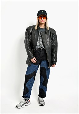 Vintage heavy leather moto jacket 80's black coat unisex 90s