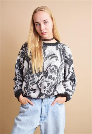80'S RETRO ABSTRACT PRINT OVERSIZED KNITTED JUMPER TOP