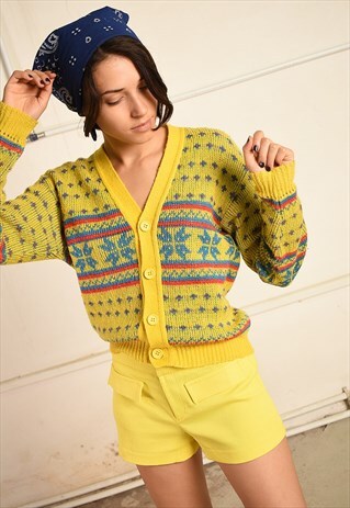 VINTAGE 70S FAIR ISLE KNIT PETITE CARDIGAN