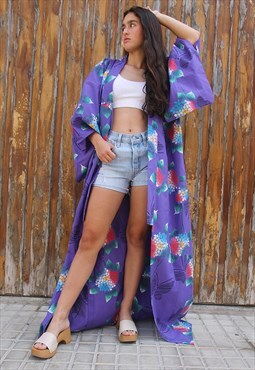 Purple Floral Print Full Length Kimono Cotton Jacket