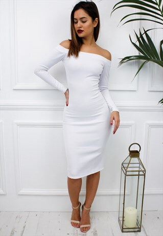 WOMENS LADIES WHITE BARDOT OFF SHOULDER MIDI BODYCON DRESS