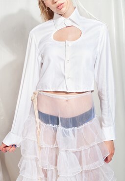 Reworked Vintage Shirt Y2K Cut-out Crop White Blouse