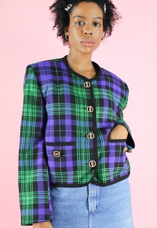 VINTAGE 90S BLAZER CHECK Y2K PURPLE GREEN TARTAN CROPPED