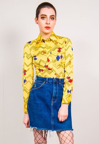 VINTAGE 70'S YELLOW PATTERNED LONG SLEEVE SHIRT BLOUSE