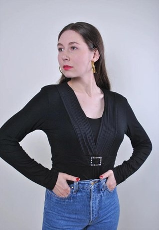 WOMEN VINTAGE BLACK FORMAL BLOUSE WITH BUCKLE 