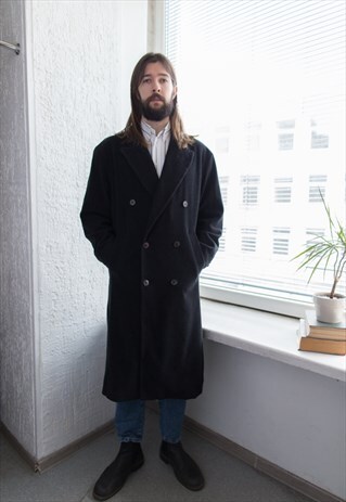 VINTAGE 80'S GREY/BLACK DOUBLE BREASTED WOOL COAT
