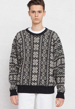 VINTAGE WHITE BLACK ROUND NECK WOOL KNIT JUMPER SWEATER