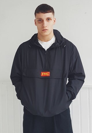 OVERSIZED HALF ZIP HOODED WINDBREAKER BLACK