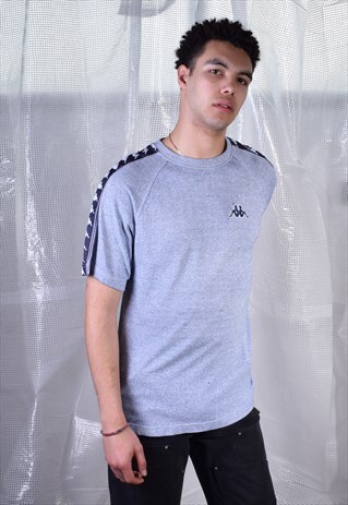 VINTAGE KAPPA GREY TEE WITH BRANDED TAPING ON SLEEVES