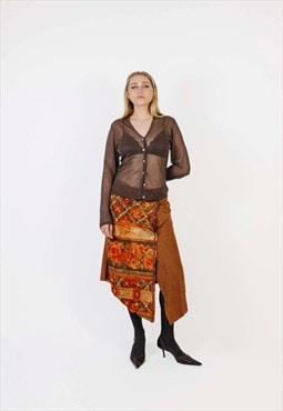 Vintage 00s Asymmetric Floral Fake Suede Midi Skirt
