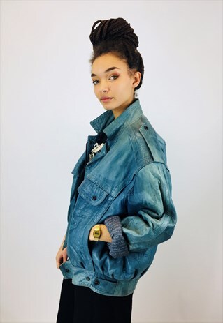 VINTAGE 80S BLUE LEATHER JACKET