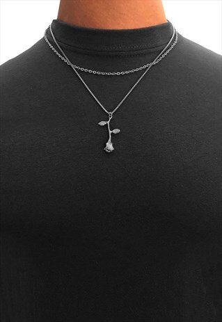 20" ROSE FLOWER LEAF PENDANT LAYER NECKLACE CHAIN - SILVER
