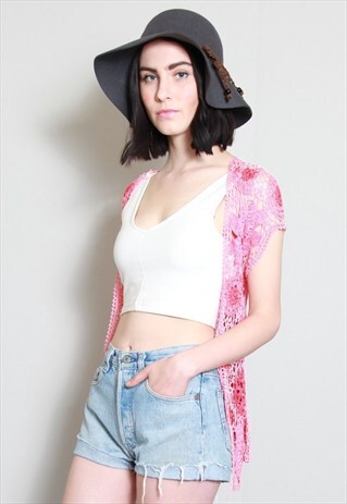 VINTAGE 1970'S PINK FLORAL CROCHET FESTIVAL SHRUG/SHAWL.