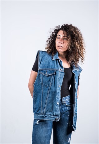VINTAGE 1980S BLUE DENIM WAISTCOAT JACKET