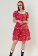 VINTAGE 80S WESTERN RED&FLORAL SQUARE NECK MIDI DRESS M