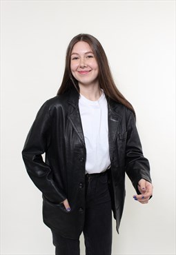 90s black leather trench jacket,  vintage women minimalist 