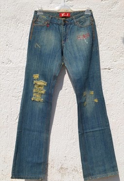 Deadstock y2k blue/beige strassy dragonfly boot cut jeans