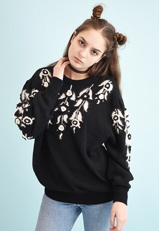 80'S RETRO FLORAL EMBROIDERED MOMS KNIT JUMPER