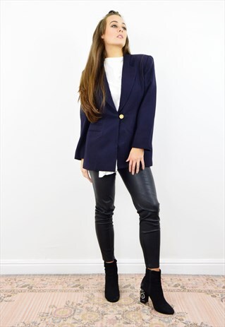 VINTAGE 90S BLUE BLACK FITTED SUIT JACKET BLAZER