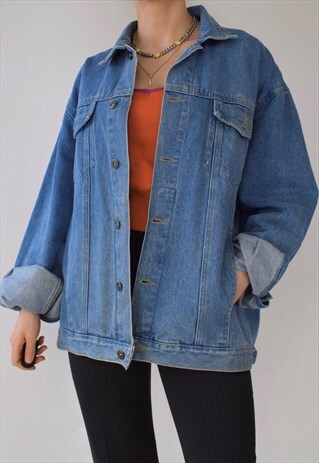 VINTAGE 80S 90S THICK LIGHT WASH BLUE DENIM JACKET POCKETS