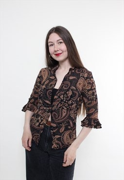 Vintage 90s paisley blouse, ruffle sleeve blouse brown 