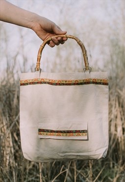 Vintage cotton handbag with bamboo handle