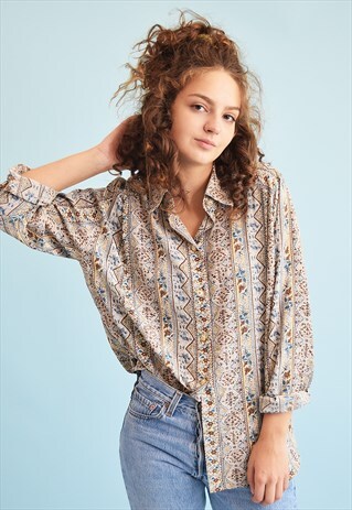 90'S RETRO ORIENTAL PRINT NEUTRAL LOOSE-FITTED SHIRT TOP