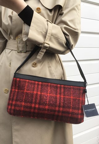 WOMENS BURBERRY HANDBAG BAG PURSE IN RED WOOL CHECK PATTERN