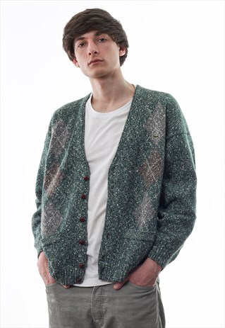 VINTAGE LACOSTE CARDIGAN SWEATER 80S 90S GREEN PRINTED