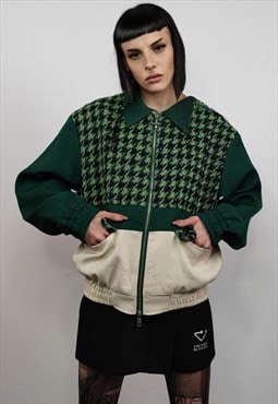 Houndstooth varsity jacket contrast PU leather bomber green