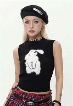 Bunny sweater fluffy jumper knitted crop tank top in black