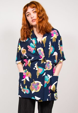 VINTAGE 90'S NAVY BLUE FLORAL PATTERN SHIRT BLOUSE