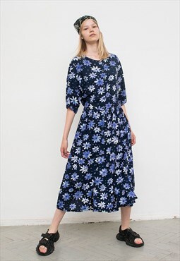 Vintage Dress Navy Blue Floral Pattern Light Long Dress Boho